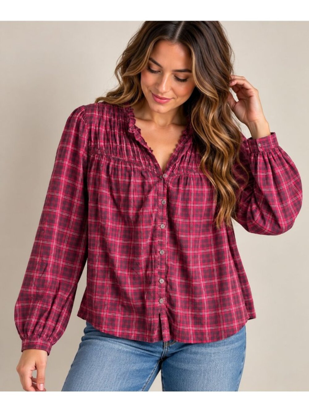 NWT Time and Tru Plaid Blouse Womens XXXL Cotton Ruffle Button Front Peasant